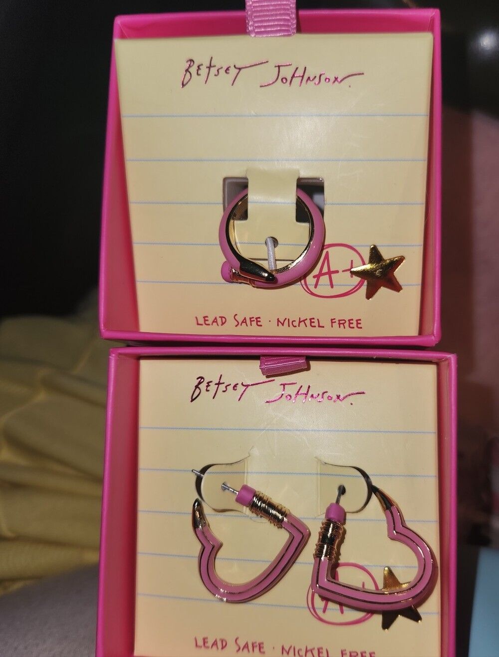 Betsey Johnson Pink Pencil Heart Hoop Earrings and pencil Wrap Ring Set